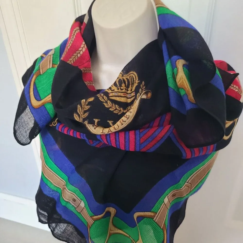 Lauren Ralph Lauren 100% Wool Black Equestrian Scarf 42" Square Signature Crown
